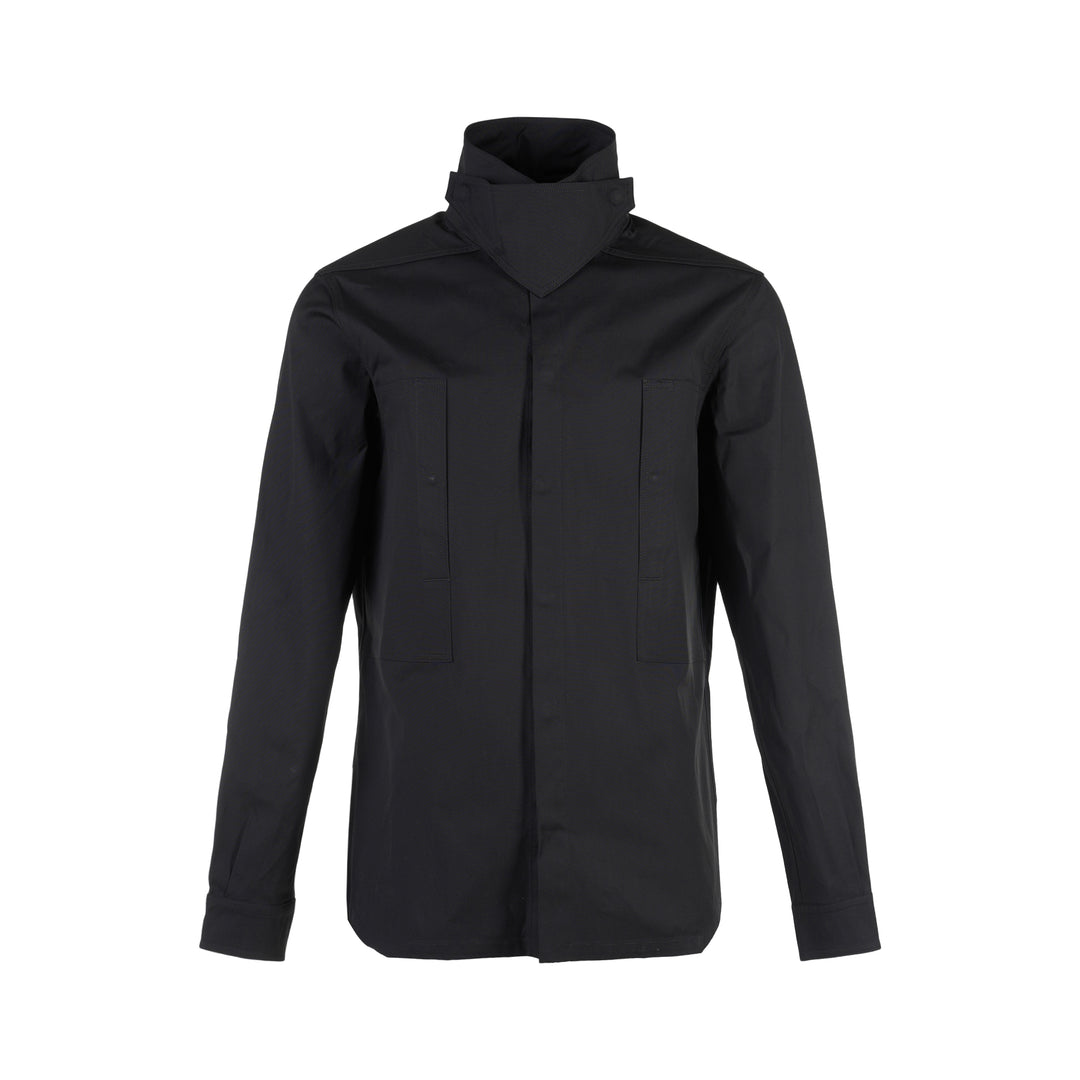 Rick Owens black long sleeve outershirt with high funnel collar, concealed snap placket and two vertical flap chest pockets