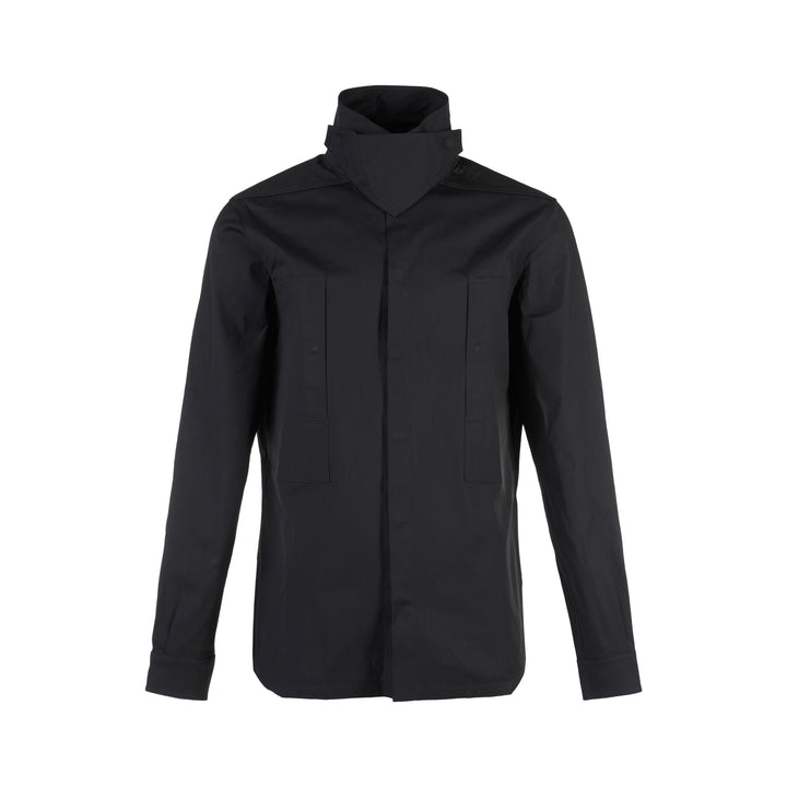 Rick Owens black long sleeve outershirt with high funnel collar, concealed snap placket and two vertical flap chest pockets