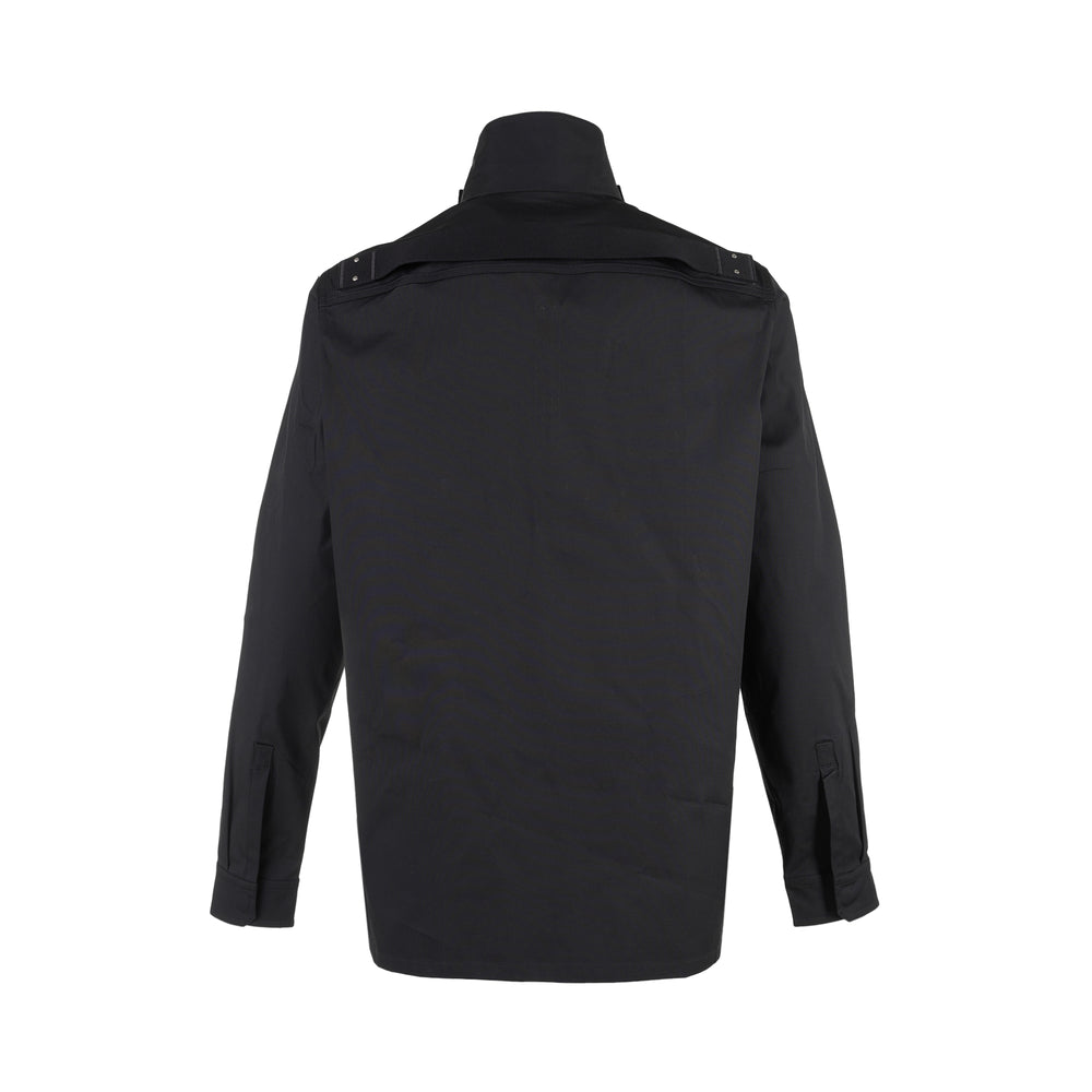 Rick Owens black long sleeve outershirt with high funnel collar, concealed snap placket and two vertical flap chest pockets - view 2