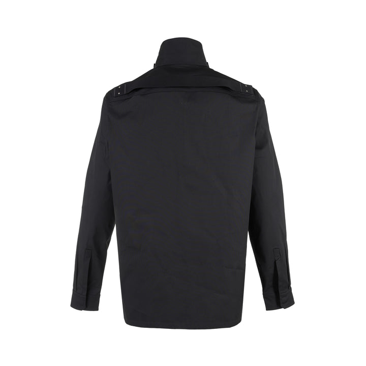 Rick Owens black long sleeve outershirt with high funnel collar, concealed snap placket and two vertical flap chest pockets - view 2