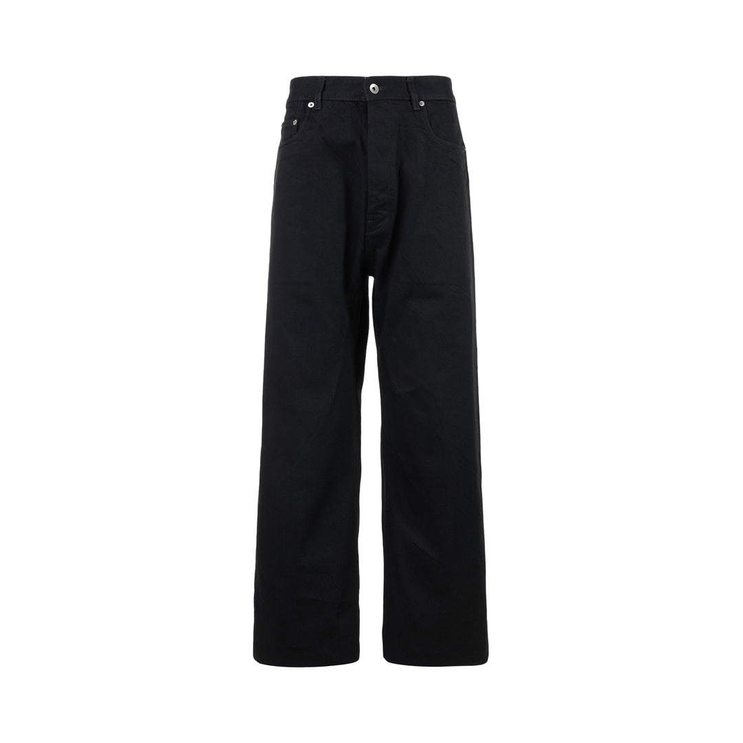 Rick Owens Geth Jeans in black denim with a wide-leg silhouette, shown from the front with button fly and five-pocket detailing