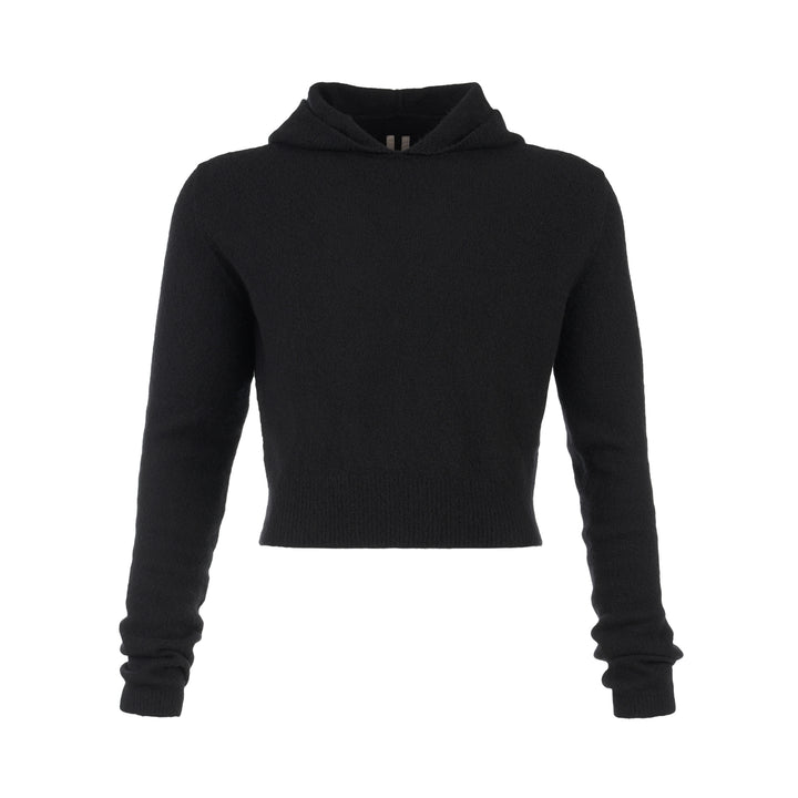 Rick Owens black cropped knit hoodie with fitted silhouette, ribbed hem and long sleeves, shown flat against a white background