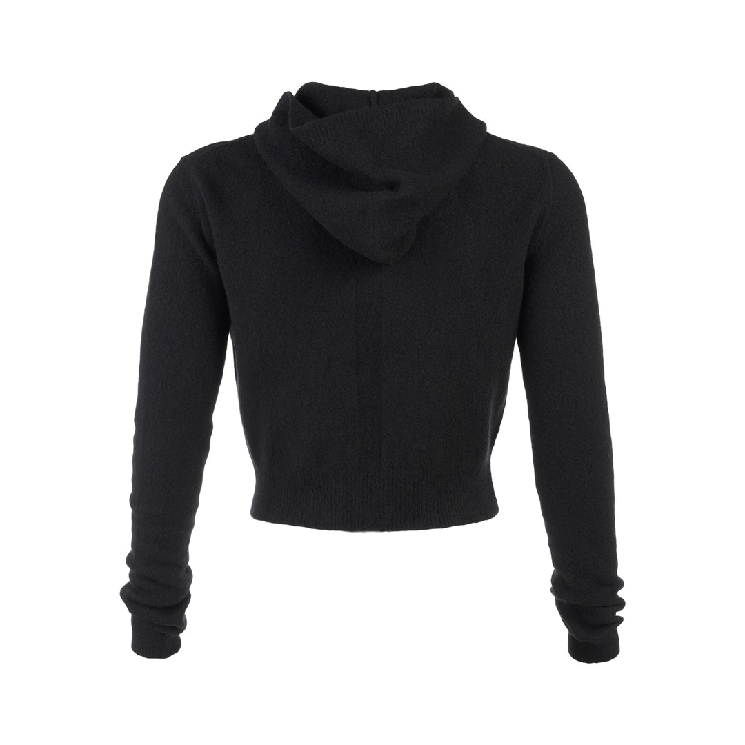 Rick Owens black cropped knit hoodie with fitted silhouette, ribbed hem and long sleeves, shown flat against a white background - view 2