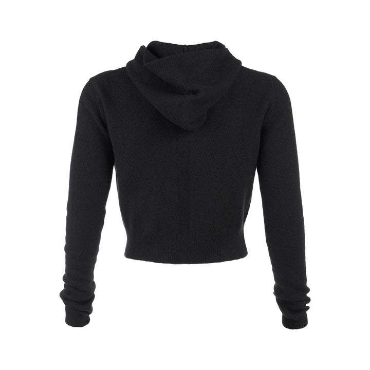 Rick Owens black cropped knit hoodie with fitted silhouette, ribbed hem and long sleeves, shown flat against a white background - view 2