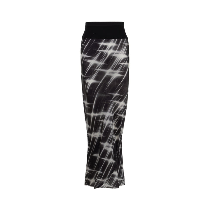 Rick Owens calf-length bias skirt in black with a white starburst print, ribbed black waistband and curved slit at the hem