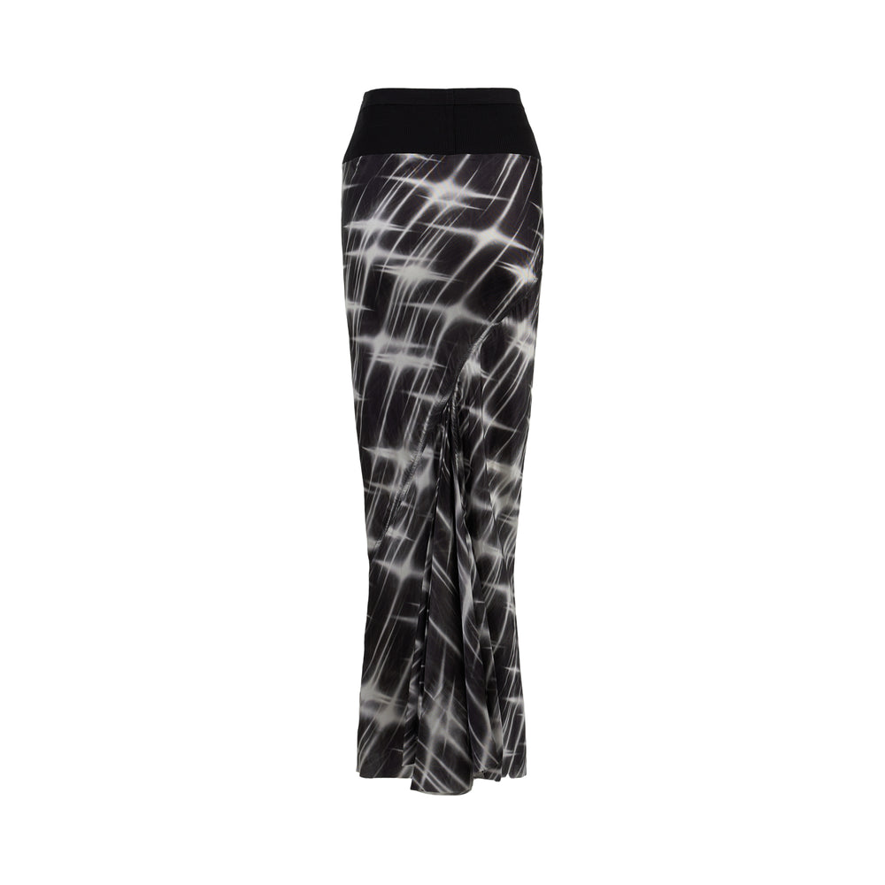 Rick Owens calf-length bias skirt in black with a white starburst print, ribbed black waistband and curved slit at the hem - view 2