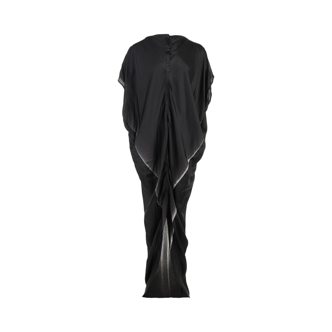 Rick Owens Dagger Gown in black, a floor-length draped column dress with cap sleeves and a pale ombré gradient running down the back