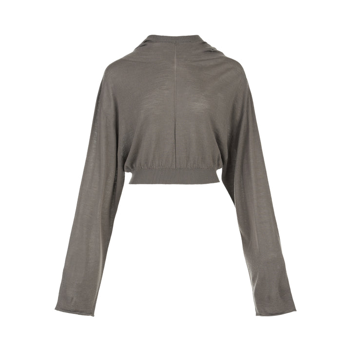 Rick Owens cropped knit sweater in taupe-grey with draped neckline, dolman sleeves and ribbed hem, front view
