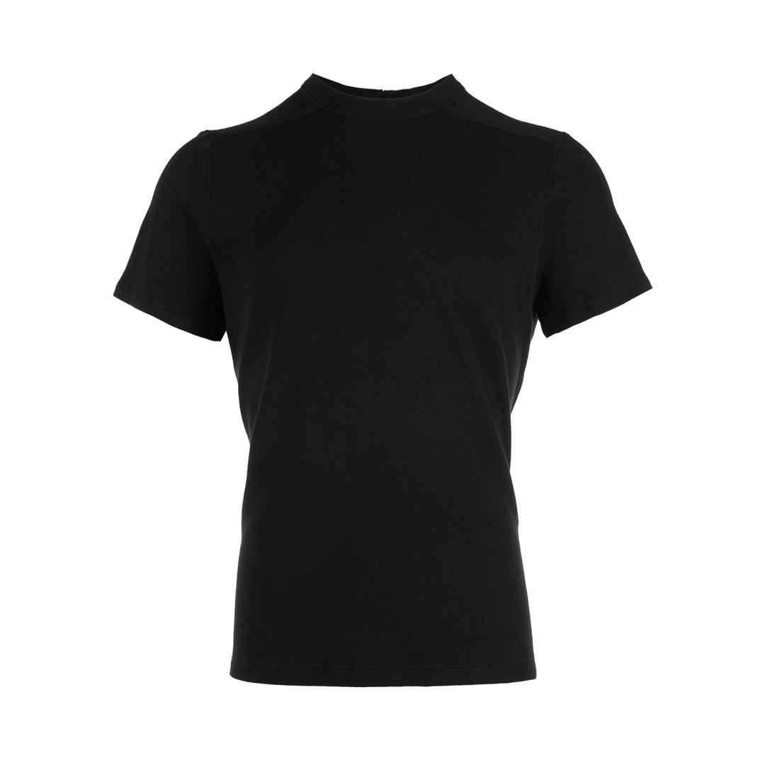 Back view of the Rick Owens Short Level Wool Silk Jersey Tee in black, showing the crewneck, shoulder seams and short sleeves