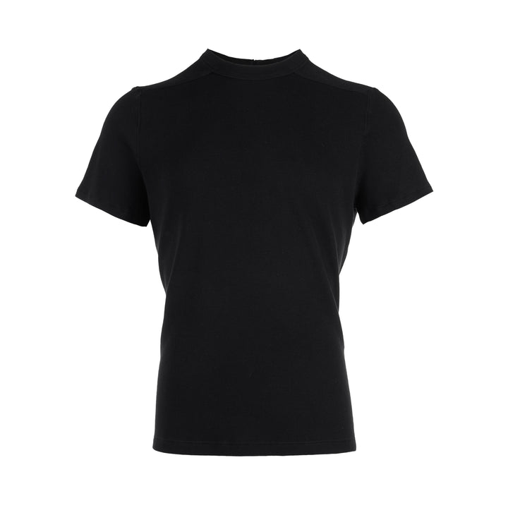 Back view of the Rick Owens Short Level Wool Silk Jersey Tee in black, showing the crewneck, shoulder seams and short sleeves
