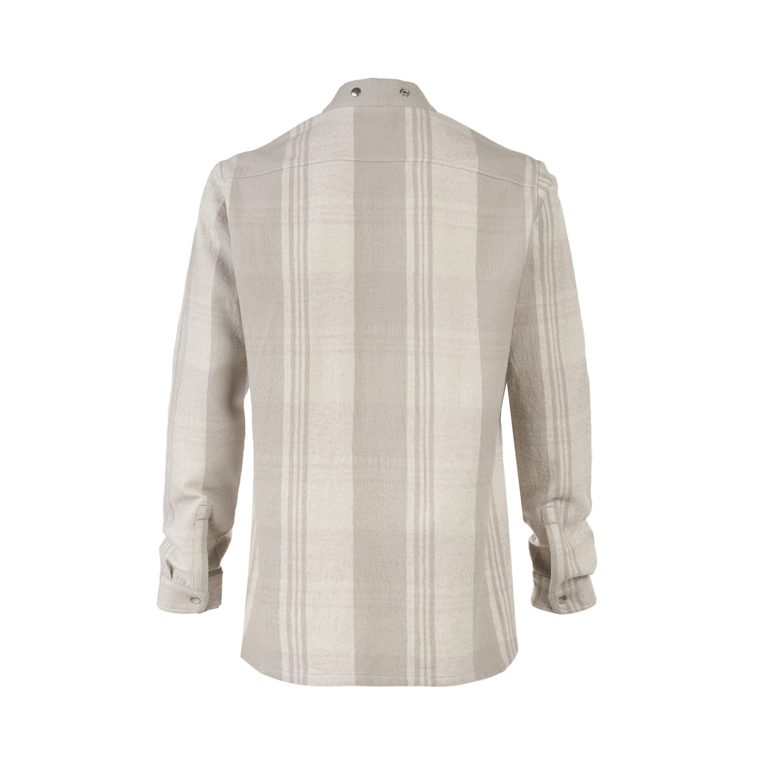 Back view of the Rick Owens Larry Fogpocket long sleeve shirt in a warm beige and cream brushed plaid with snap-fastened stand collar and snap cuffs - view 2