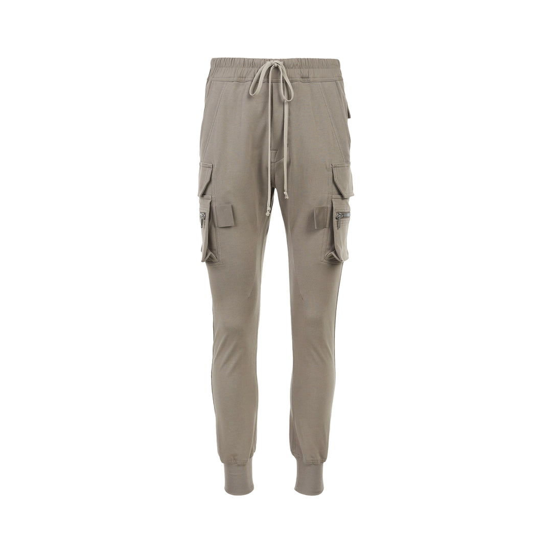 Back view of Rick Owens Mastodon cargo pants in taupe with flap back pockets, side cargo pockets and ribbed cuffs