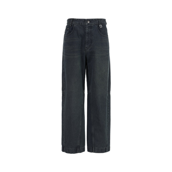 Wooyoungmi wide leg jeans in washed dark indigo denim with paneled knees and square metal waistband hardware, shown flat from the front