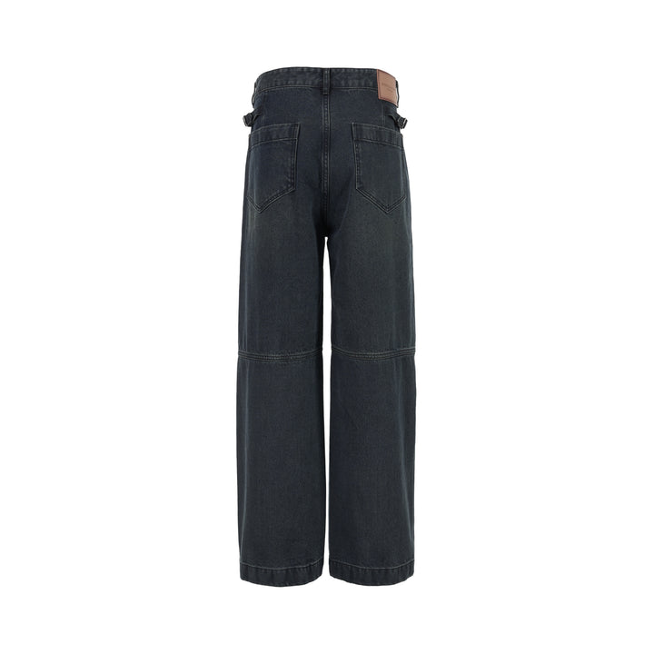 Wooyoungmi wide leg jeans in washed dark indigo denim with paneled knees and square metal waistband hardware, shown flat from the front - view 2