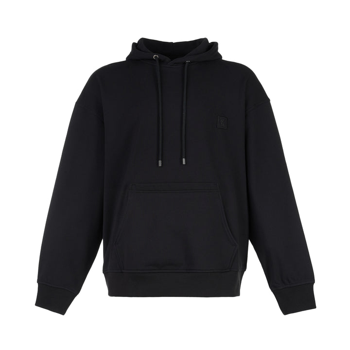 Wooyoungmi black pullover hoodie with drawstring hood, kangaroo pocket and tonal logo patch on the chest