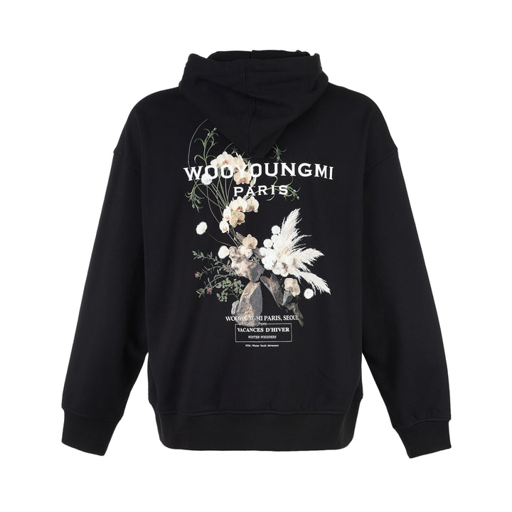 Wooyoungmi black pullover hoodie with drawstring hood, kangaroo pocket and tonal logo patch on the chest - view 2