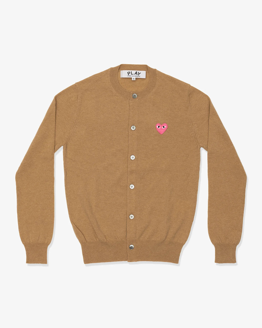 Comme des Garçons PLAY camel round neck cardigan with pink embroidered heart emblem and pearlescent buttons, front view