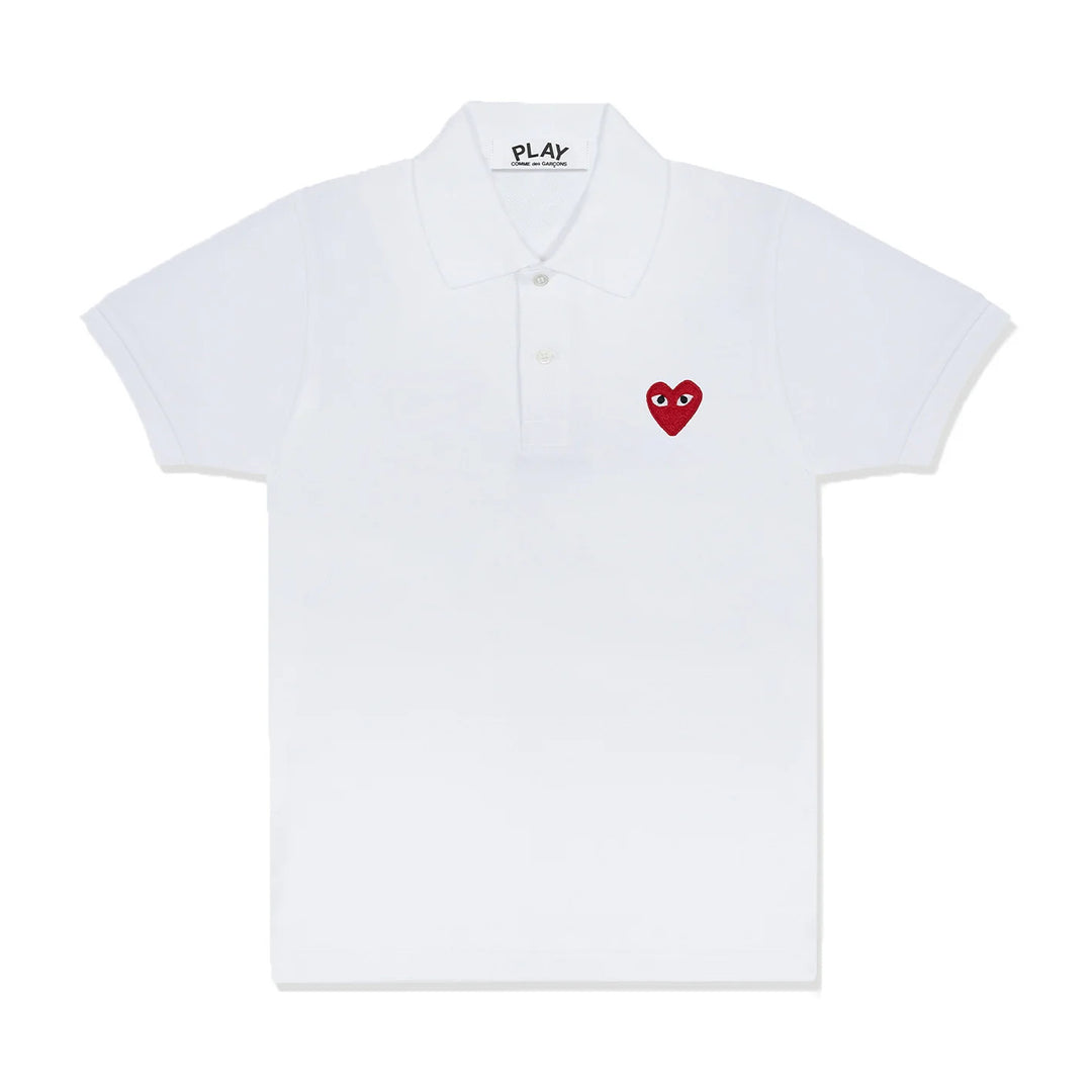 White short sleeve polo tee with embroidered red heart logo on the chest by Comme des Garçons Play