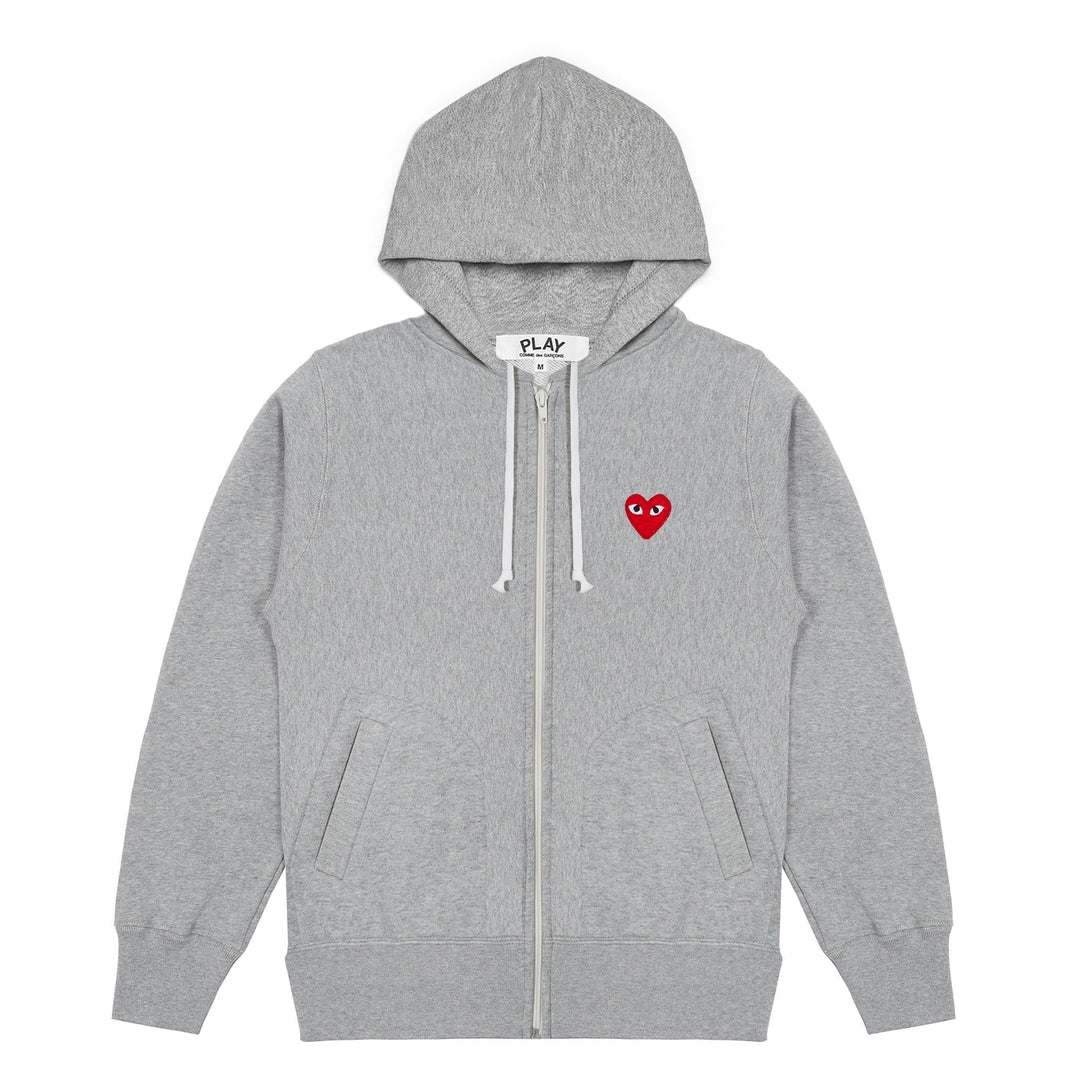 Comme des Garçons PLAY heather grey zip hoodie with embroidered red heart logo at the chest and drawstring hood