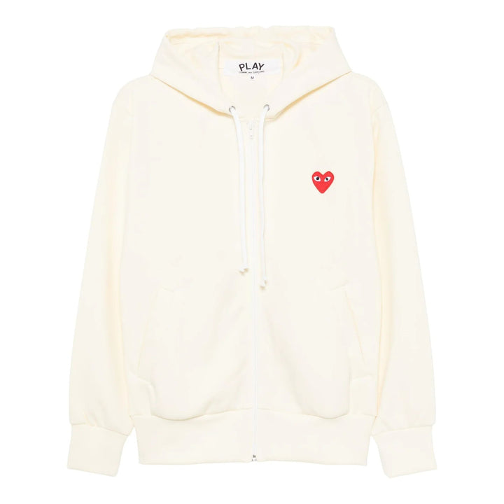 Comme des Garçons PLAY cream zip-up hoodie with drawstring hood and embroidered red heart logo on the chest
