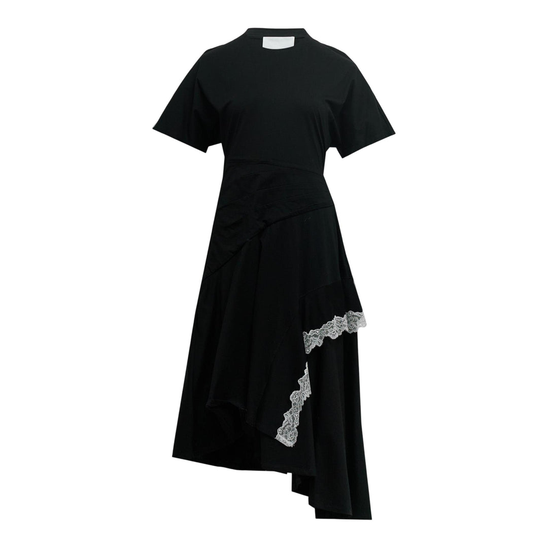 Draped T-Shirt Dress with Lace Trim Black / L Draped T-Shirt Dress with Lace Trim Black / L