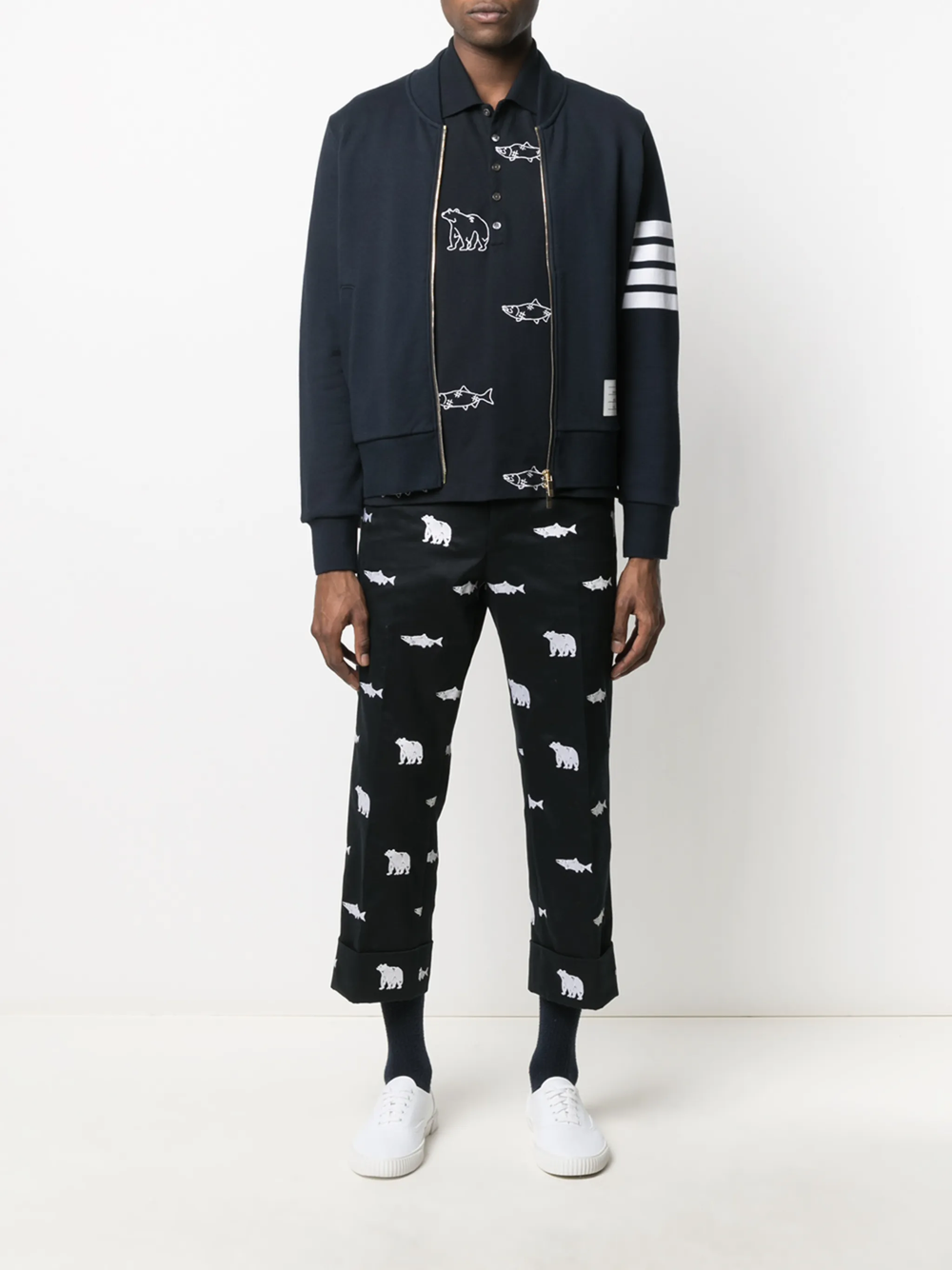 Thom Browne Classic Loopback 4-Bar Bomber in dark grey marl with four white stripe detail on sleeve and full-length silver zip