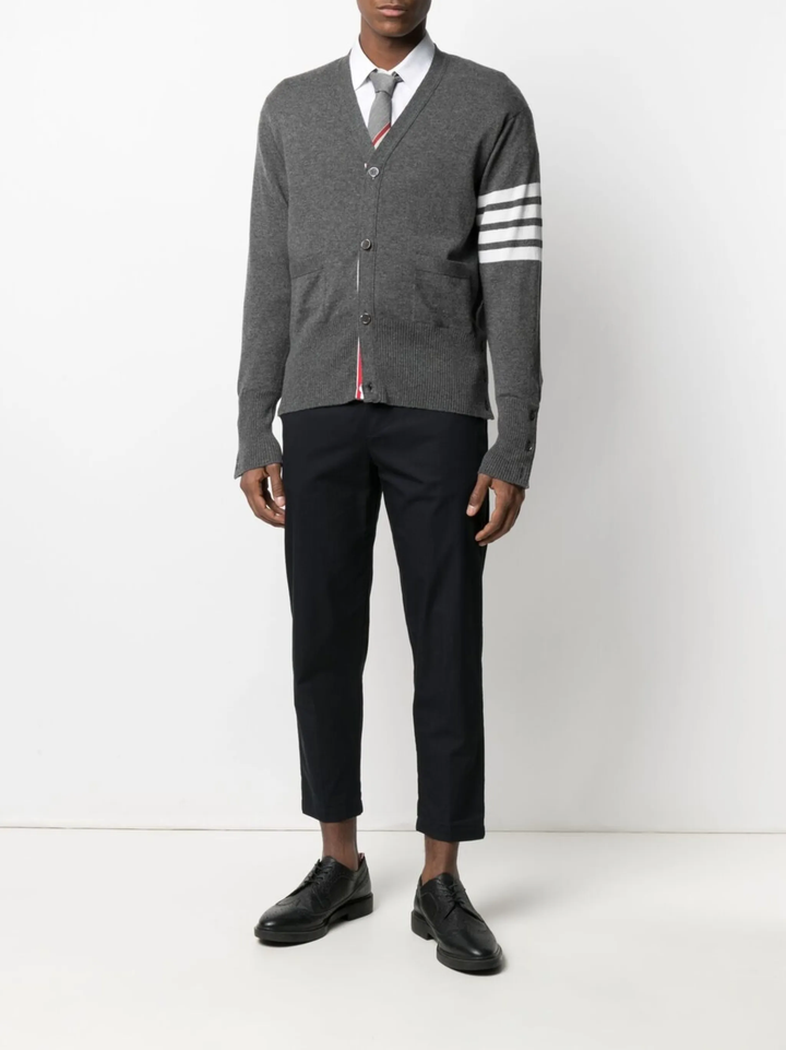 Classic V Neck Cardigan With White 4 Bar