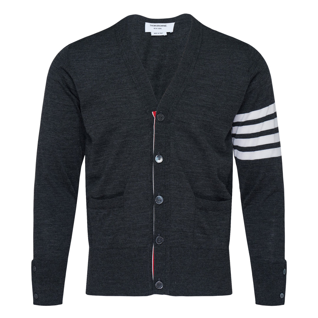 Thom Browne Classic V-Neck Cardigan in light blue with signature 4-Bar white stripe on sleeve and white button front placket