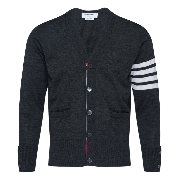 Thom Browne Classic V-Neck Cardigan in light blue with signature 4-Bar white stripe on sleeve and white button front placket