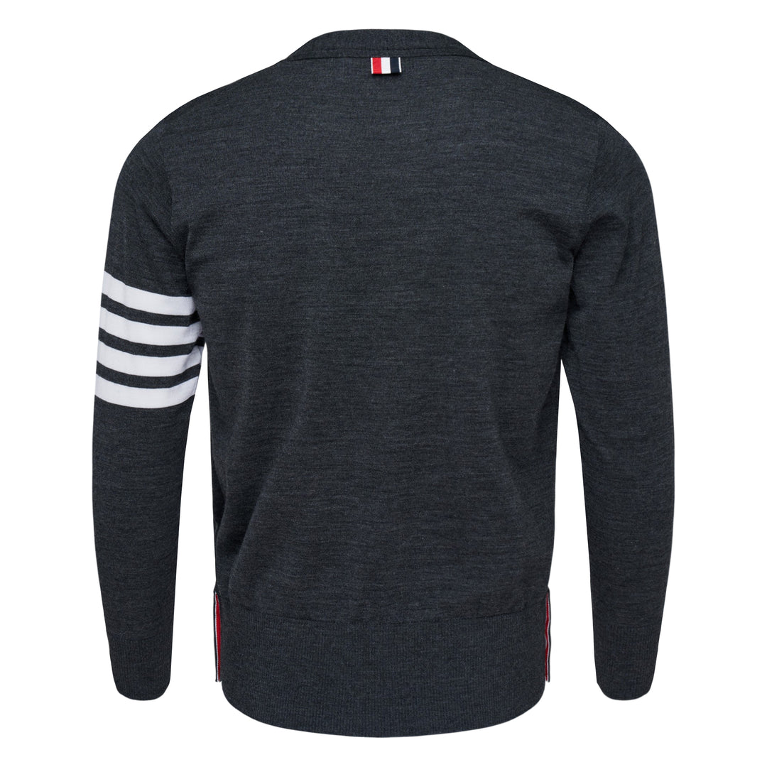 Thom Browne Classic V-Neck Cardigan in light blue with signature 4-Bar white stripe on sleeve and white button front placket