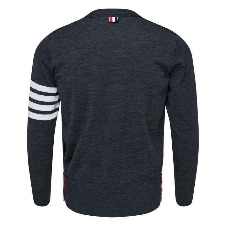 Thom Browne Classic V-Neck Cardigan in light blue with signature 4-Bar white stripe on sleeve and white button front placket