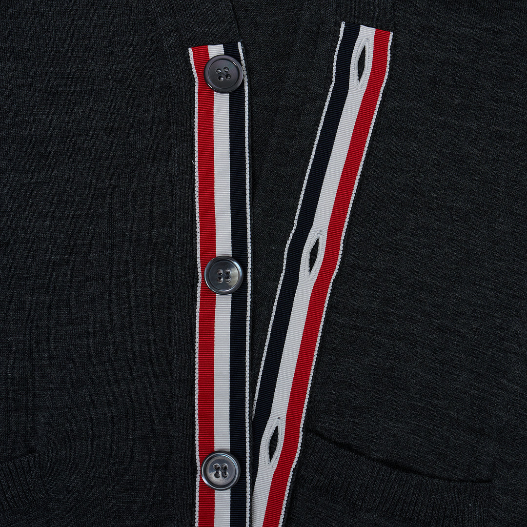 Thom Browne Classic V-Neck Cardigan in light blue with signature 4-Bar white stripe on sleeve and white button front placket