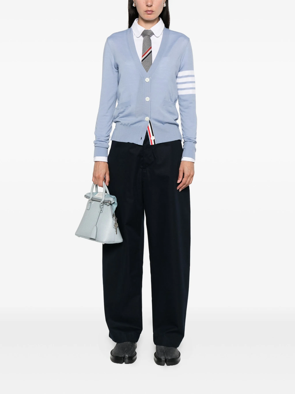 Thom Browne dark green relaxed fit V-neck cardigan with ivory 4-bar stripe on sleeve, button-front closure and patch pockets, made in Italy