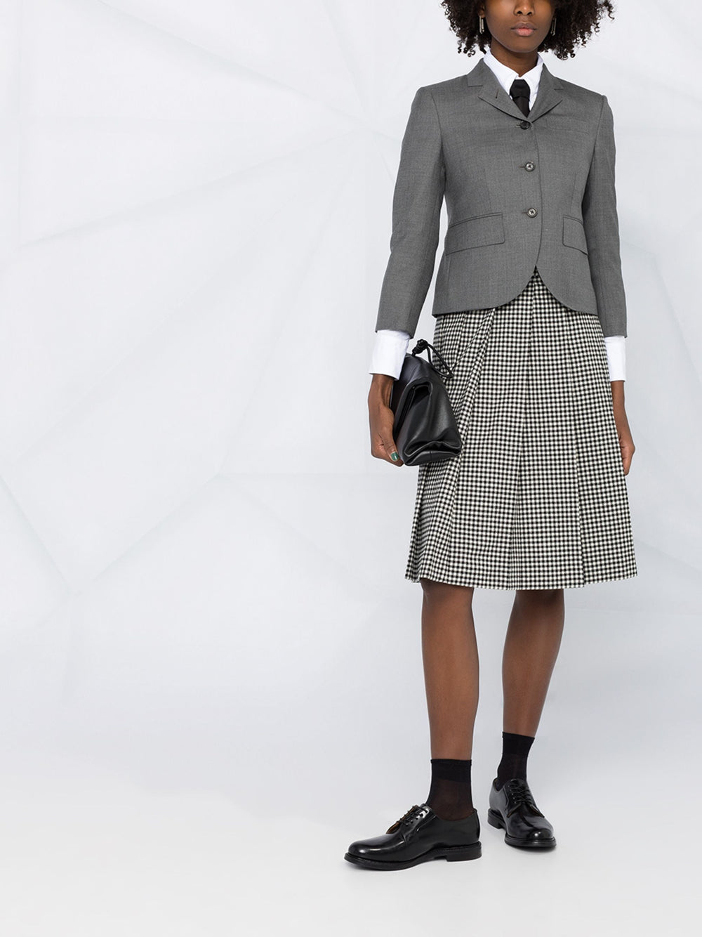 Thom Browne Twill High Armhole Sport Coat in medium grey with notch lapel, three-button closure, flap pockets, and red, white, and navy striped lining