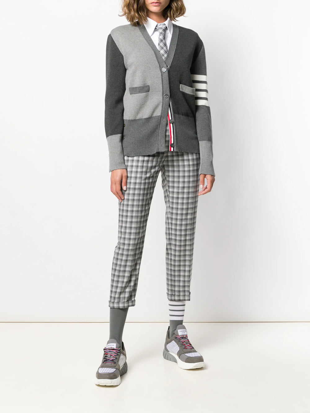 Thom Browne Funmix Crepe 4-Bar Cardigan in tonal grey colourblock with signature white 4-bar stripe on sleeve and ribbed cuffs