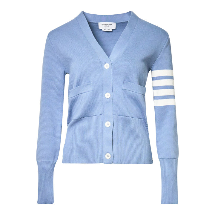 Thom Browne sky blue Milano stitch cardigan with four white bar stripes on the sleeve, V-neck, button front, and patch pockets