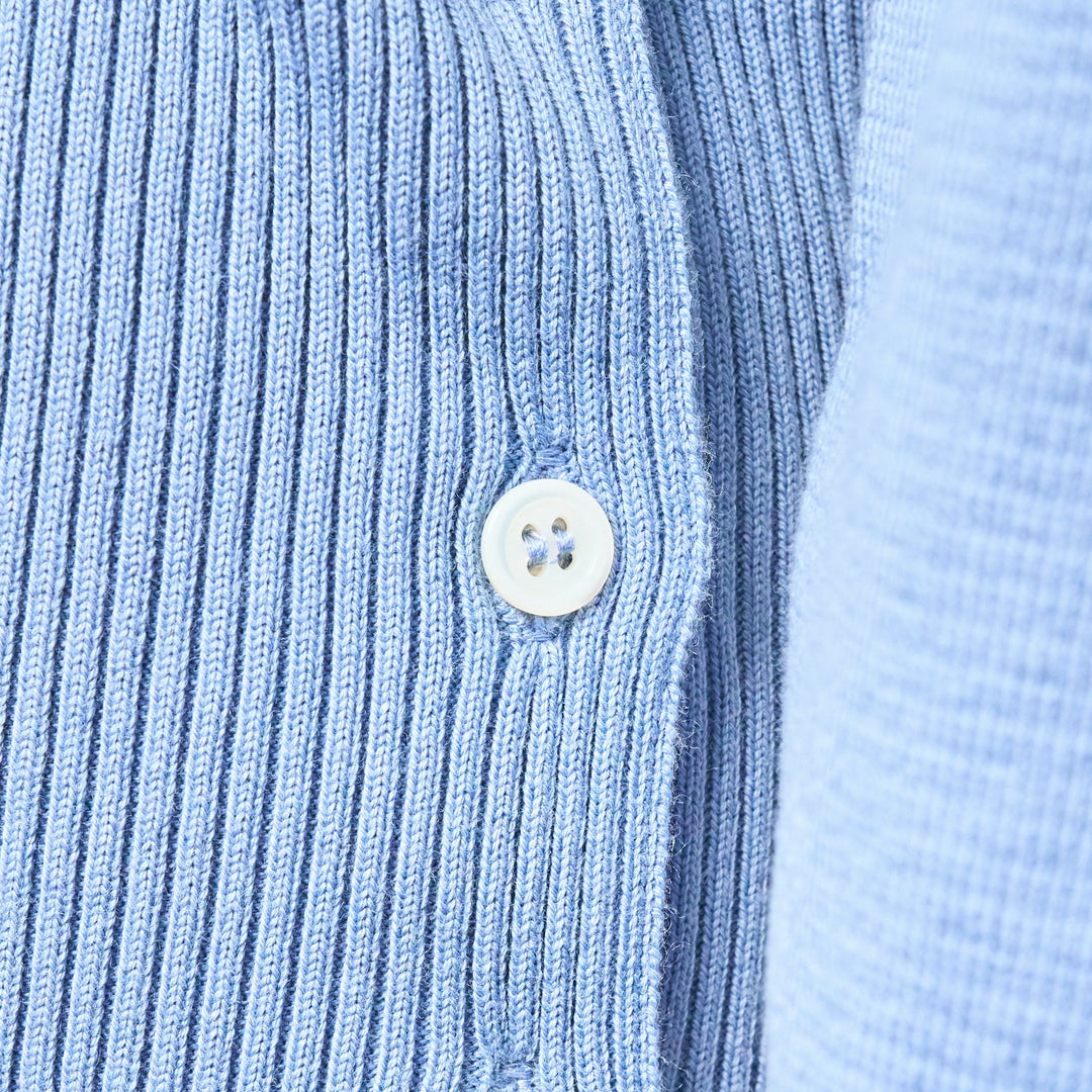 Thom Browne sky blue Milano stitch cardigan with four white bar stripes on the sleeve, V-neck, button front, and patch pockets