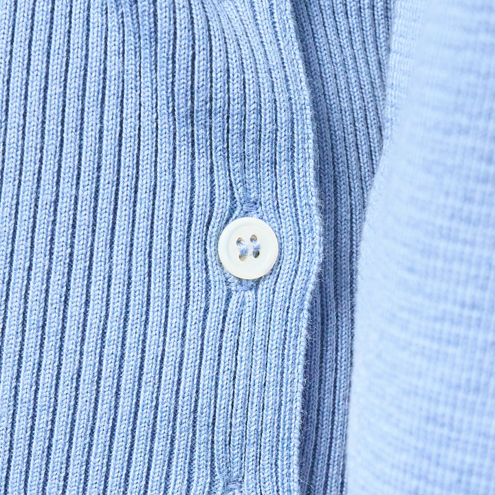 Thom Browne sky blue Milano stitch cardigan with four white bar stripes on the sleeve, V-neck, button front, and patch pockets