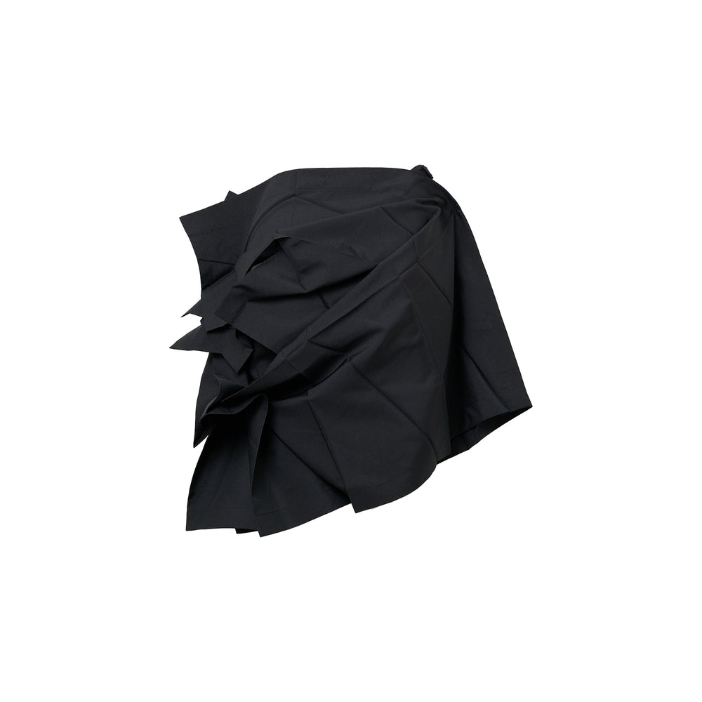132 5. Issey Miyake Solid Pleated Mini Skirt in black with sculptural ruffle detail and box pleats, shown on white background