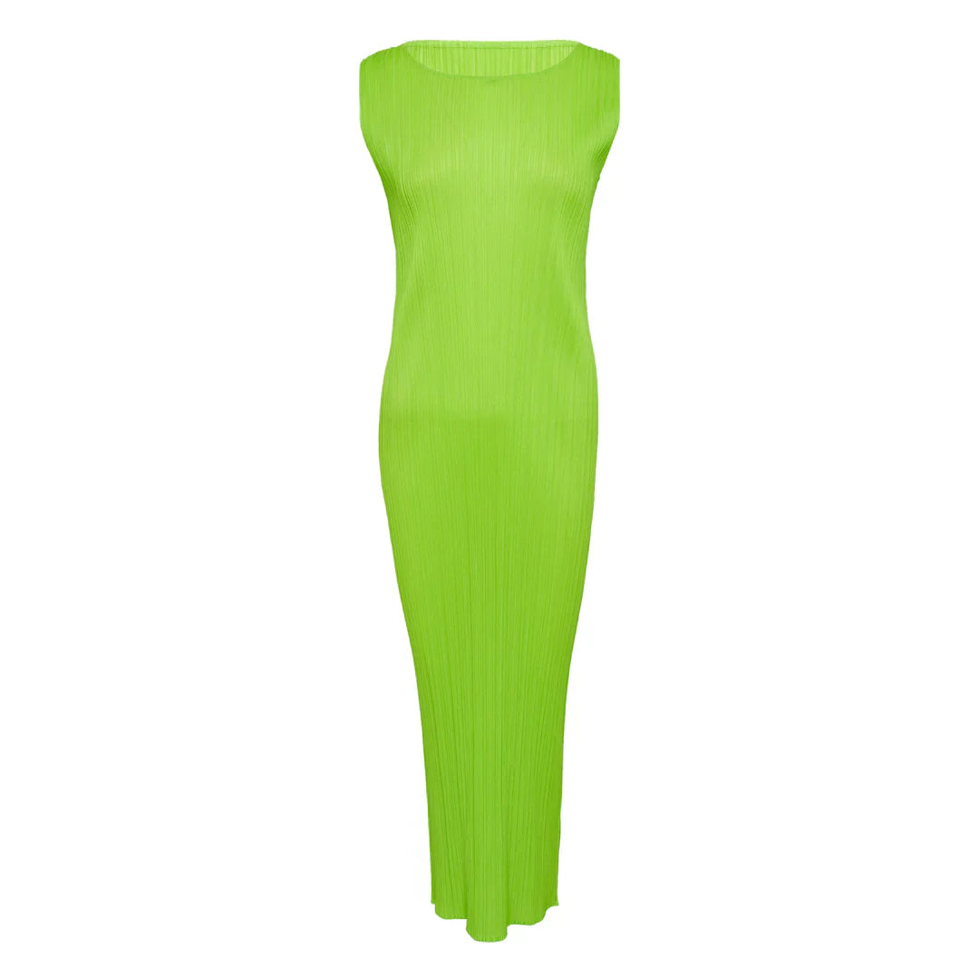 Pleats Please Issey Miyake Colorful Basics 3 sleeveless pleated maxi dress in lime green