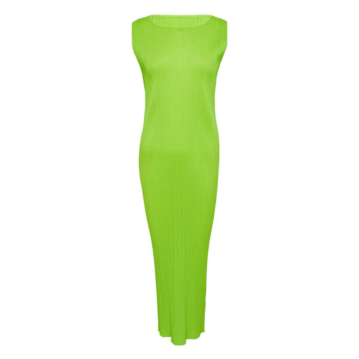 Pleats Please Issey Miyake Colorful Basics 3 sleeveless pleated maxi dress in lime green
