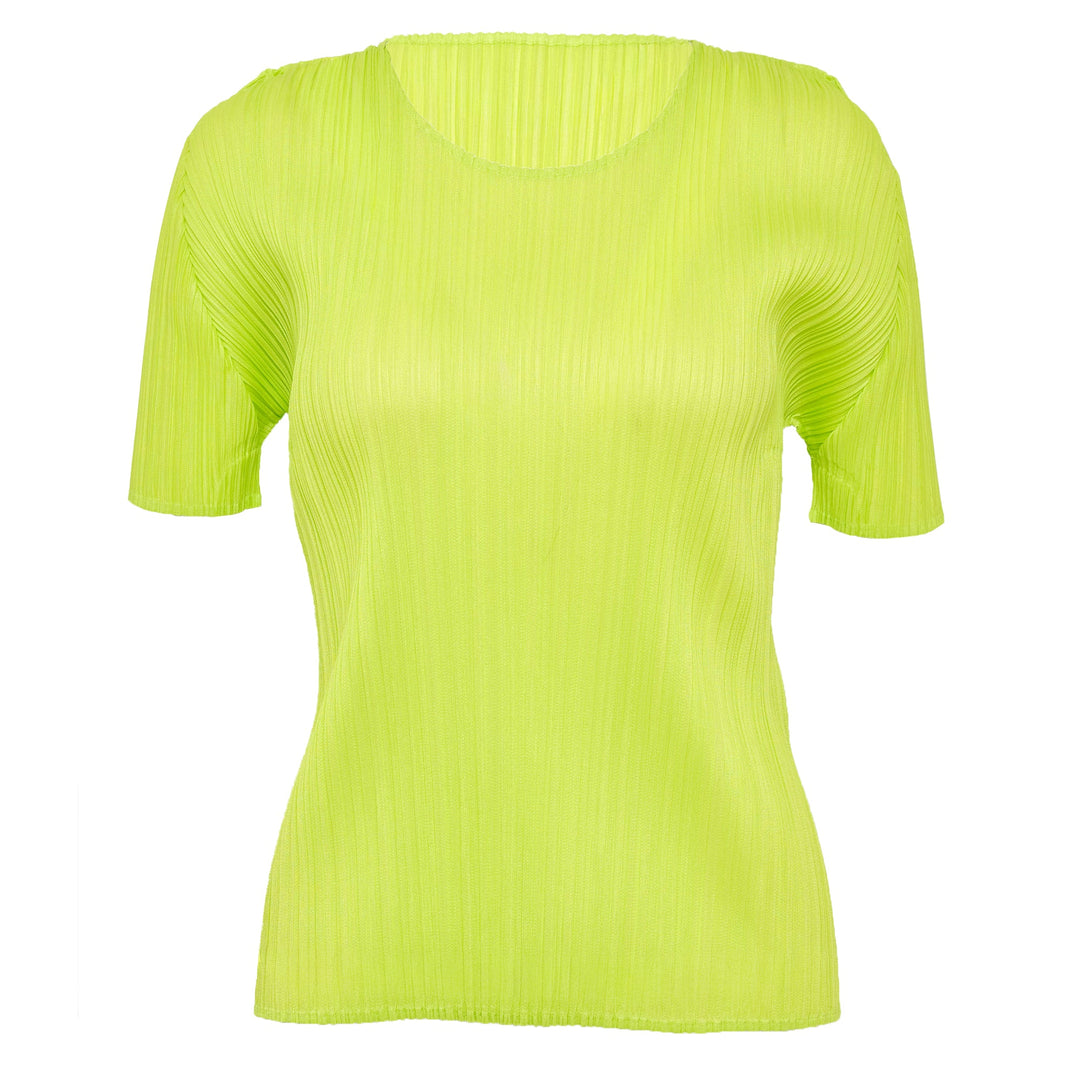 Pleats Please Issey Miyake Colorful Basics micro-pleated short-sleeve crew neck top in neon lime yellow