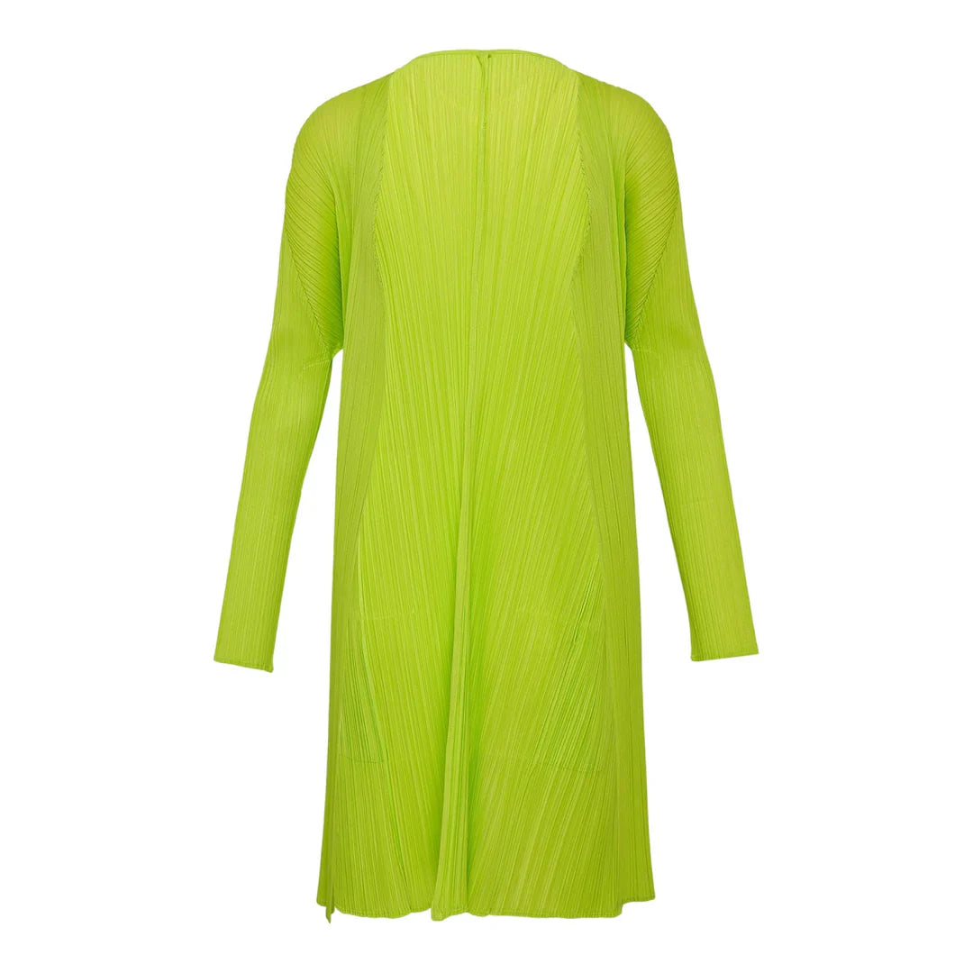 Pleats Please Issey Miyake Colorful Basics Pleated Coat in lime green, back view, showing A-line silhouette and signature pleating texture
