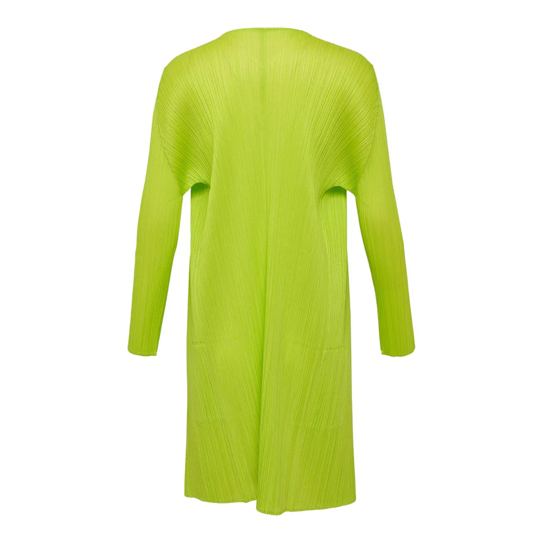 Pleats Please Issey Miyake Colorful Basics Pleated Coat in lime green, back view, showing A-line silhouette and signature pleating texture