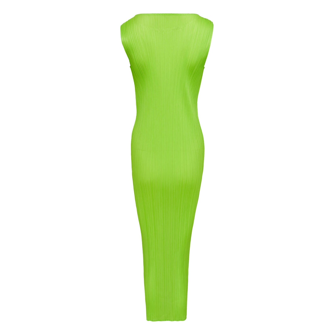 Pleats Please Issey Miyake Colorful Basics 3 Dress in neon lime green — sleeveless pleated maxi dress with body-skimming silhouette and round neckline