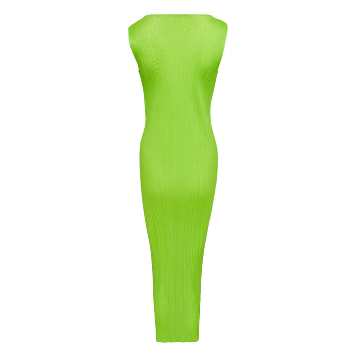 Pleats Please Issey Miyake Colorful Basics 3 Dress in neon lime green — sleeveless pleated maxi dress with body-skimming silhouette and round neckline
