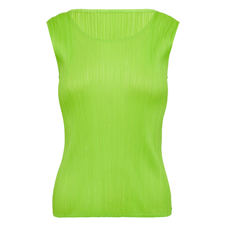 Pleats Please Issey Miyake Colorful Basics Pleated Tank Top in lime green with signature ribbed pleated texture and sleeveless silhouette