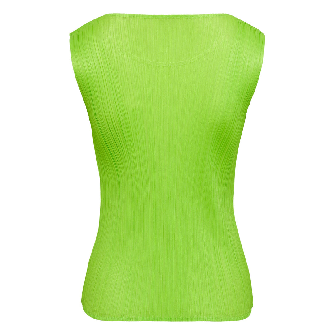 Pleats Please Issey Miyake Colorful Basics Pleated Tank Top in lime green with signature ribbed pleated texture and sleeveless silhouette