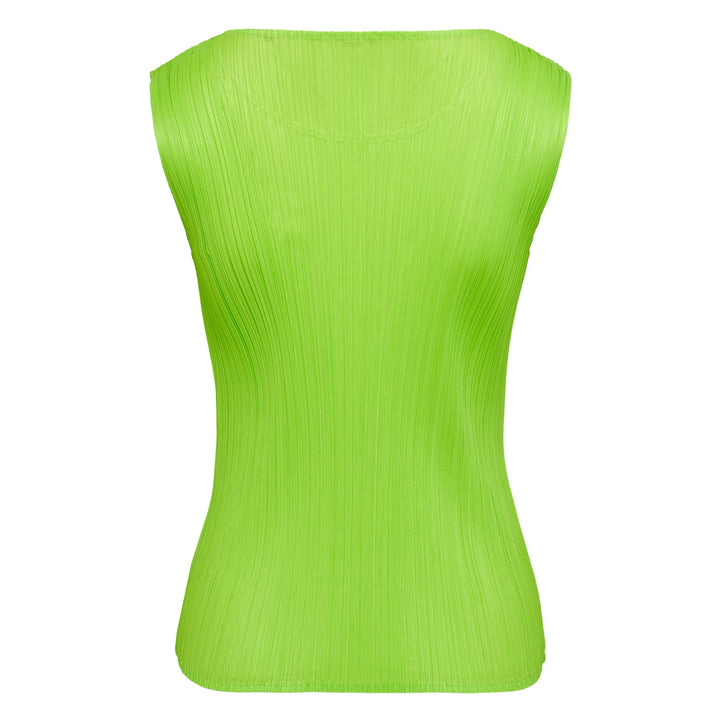 Pleats Please Issey Miyake Colorful Basics Pleated Tank Top in lime green with signature ribbed pleated texture and sleeveless silhouette