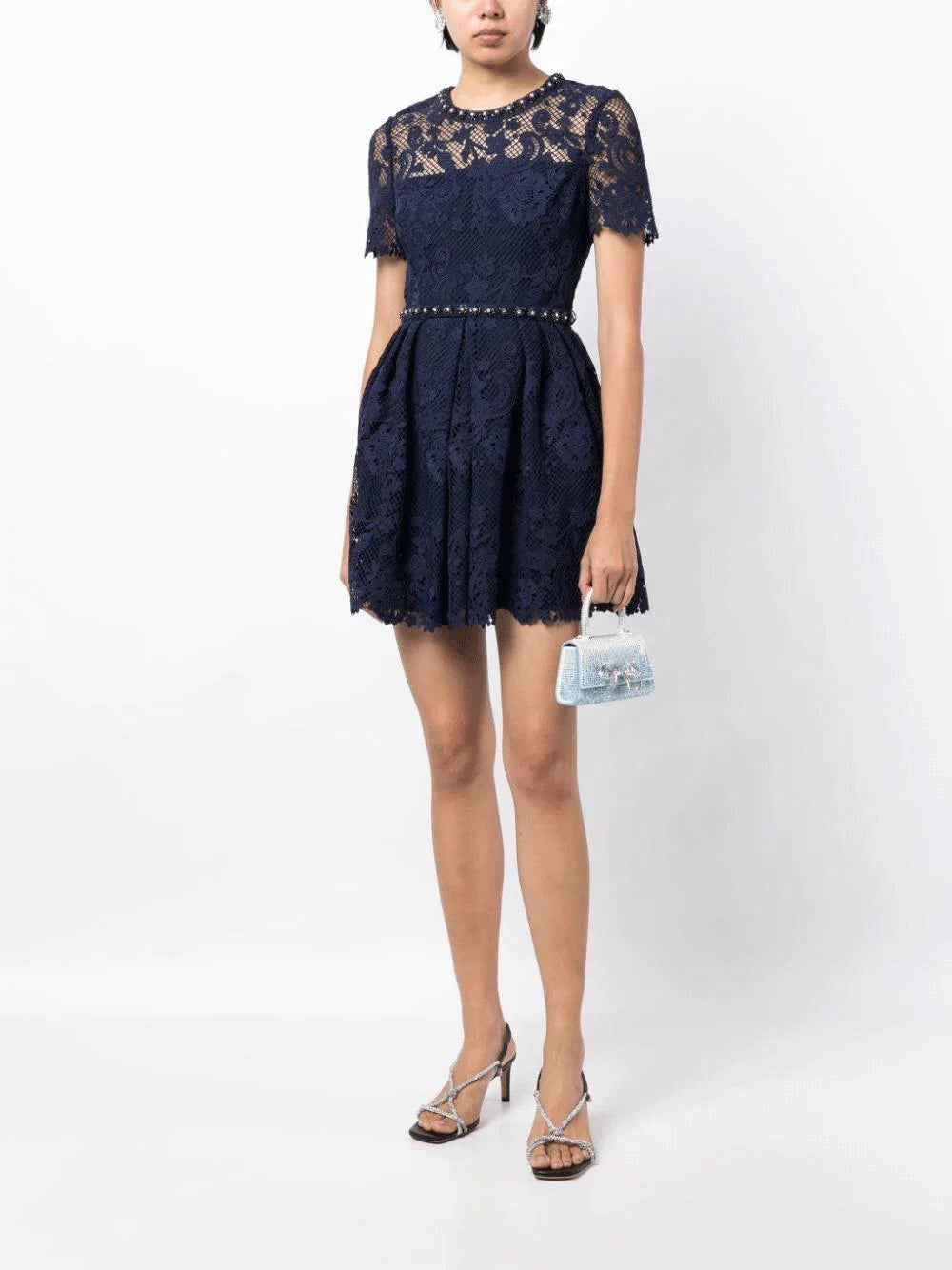 Navy Lace Embellished Mini Dress